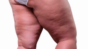 Perna com sinais de lipedema, condição inflamatória que pode afetar a fertilidade feminina.